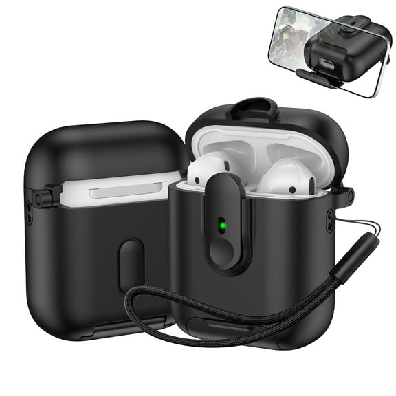 Dteck for AirPods 2 Case with Phone Stand, Auto Open Secure Lock Cover Compatible with AirPods with Lanyard, Full Body Drop Protective Cover for Men Women,Black