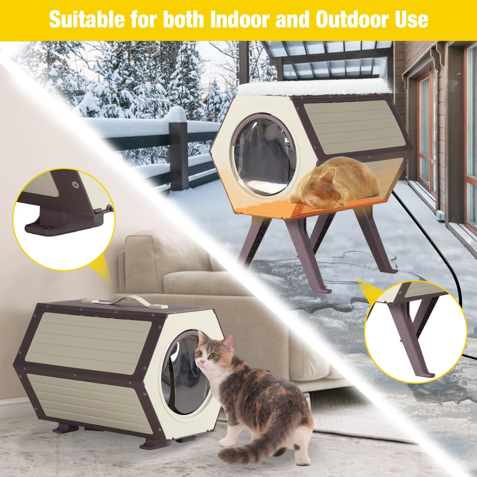 Aivituvin Outdoor Heated Cat House with Heated Pad, Insulated Feral Cat Shelter House & Condo for Winter Weatherproof, Brown & White, 1 Set