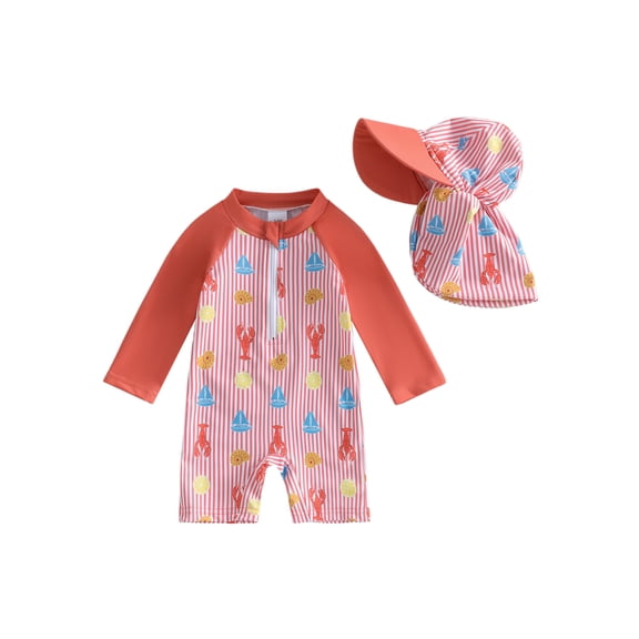 BemeyourBBs Toddler Baby Boy Girl Crayfish One Piece Swimsuit with Hat Infant Bathing Suit Long Sleeve Rash Guard Swimwear Lobster Shrimp Print Long Sleeves Front Zipper Striped Beachwear