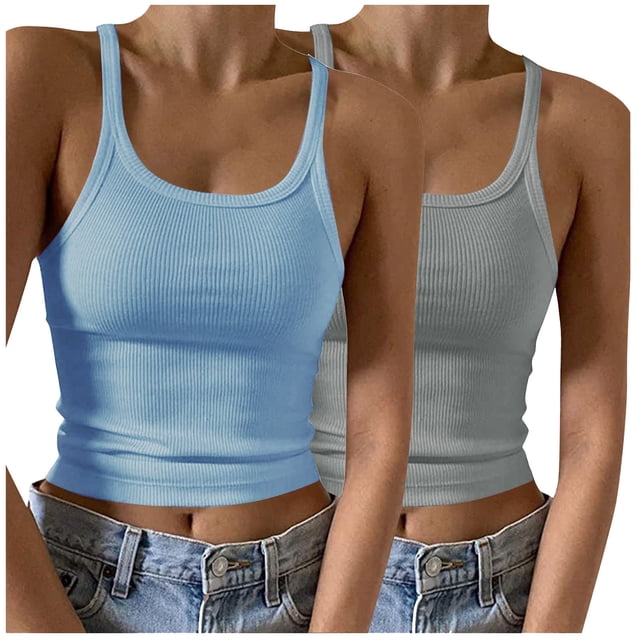 Timegard 2 Pcs Débardeurs pour Femmes Col Rond Côtelé Sans Manches Crop Top Ajusté Décontracté pour Sortir