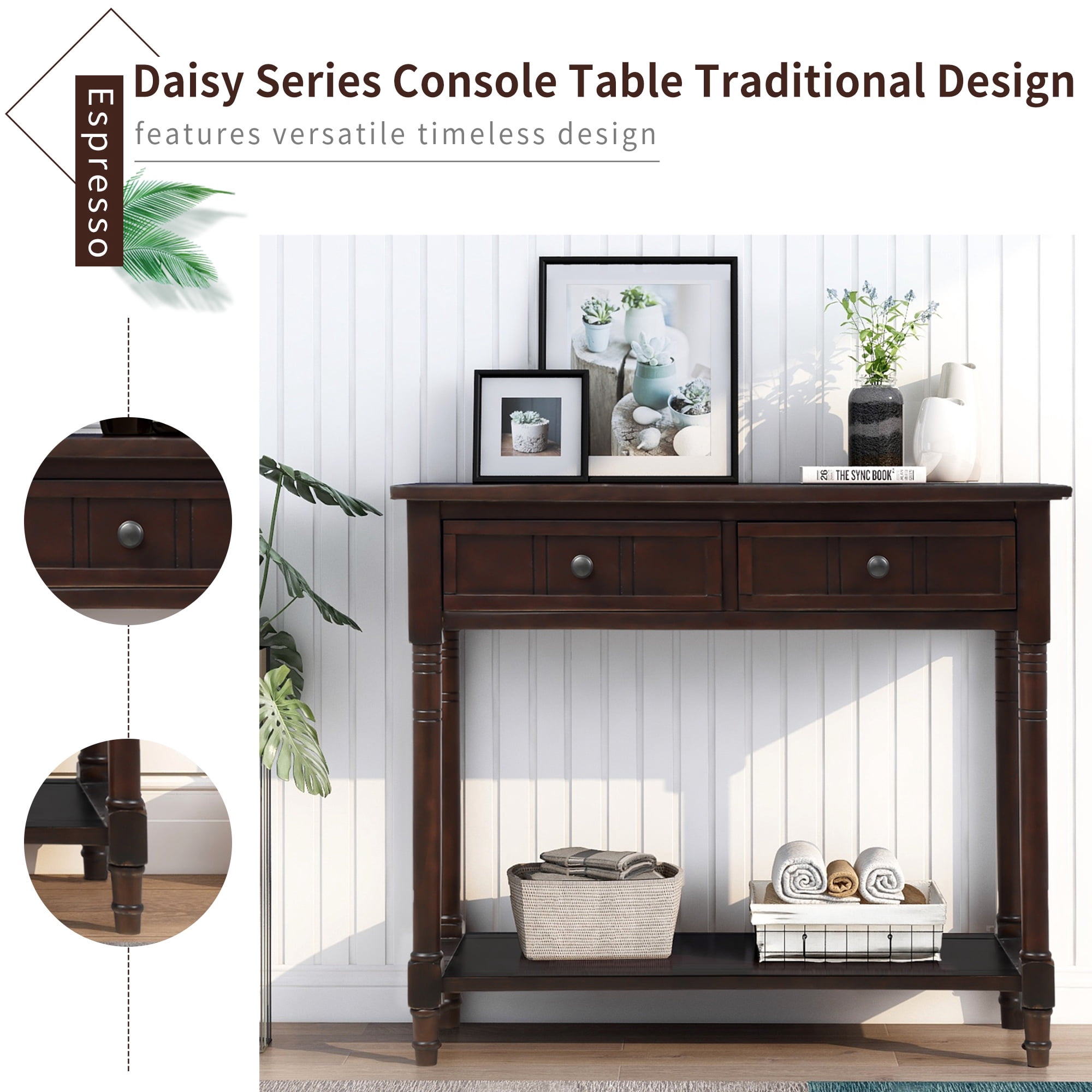 CASEMIOL Vintage Console Table with Drawers, Entryway Table with Storage Shelf, Solid Wood Accent Sofa Table for Living Room, Hallway, Deep Espresso Finish