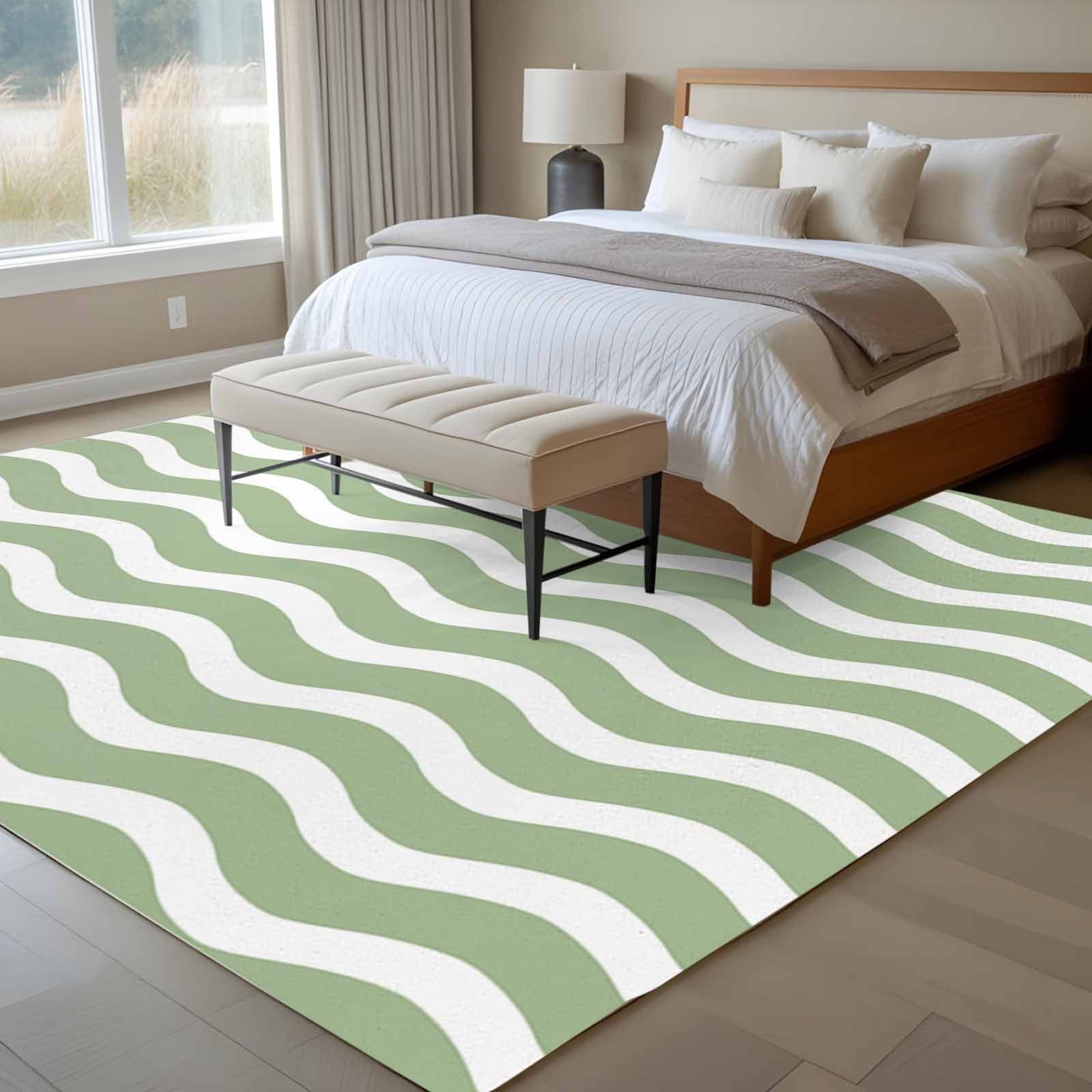 Sage Green Stripe Area Rugs 8x10 for Living Room, Farmhouse Striped Modern Waves Moires Non Slip Washable Rug Runner, Low Pile Indoor Floor Carpet Mat Bathroom Rugs for Bedroom, Kids Room
