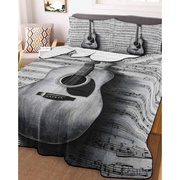 Black Grey Guitar Twin XL Size Down Alternative Comforter,Lightweight Comforter Quilt Bedding Set with Pillow Shams Vintage Musical Guitar Sheet Abstract Bed Comforter Duvet Insert 68"x98"