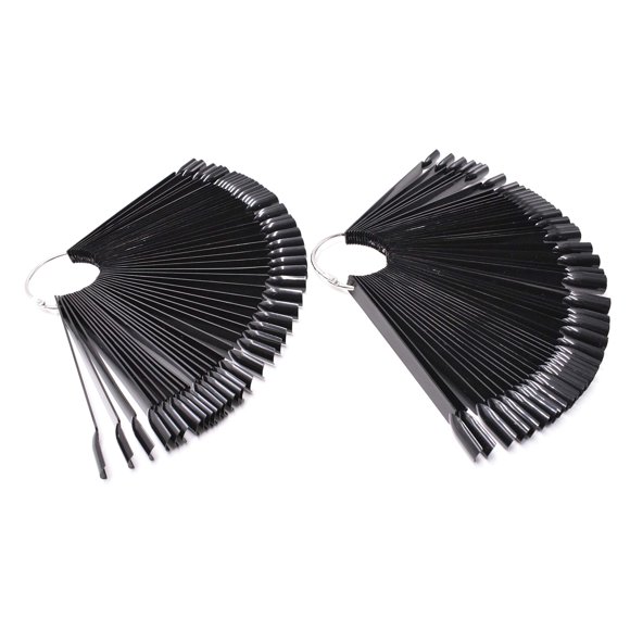 2 Sets Black Fan Shape Plastic Nail Art Tips Display Polish Board Practice Sticks with Metal Split Ring Holder - 100 Tips