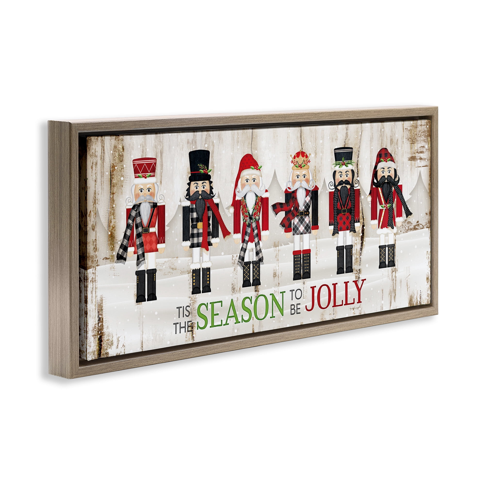 Stupell Industries Festive Phrase Winter Nutcrackers Inspirational Painting Brown Floater Framed Canvas Art Print Wall Art, 31 x 14
