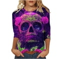 thumbnail image 2 of Xdegoge Womens 3/4 Sleeve Tops Casual Crewneck Day Of The Dead Sugar Skull Print Loose Fit Tees for Halloween Festival Holiday Everyday Wear, 2 of 5