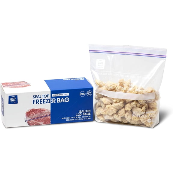 Gallon Freezer Bags, 120 Count with Stand Up Bottom and Calendar Feature, Easy Fill