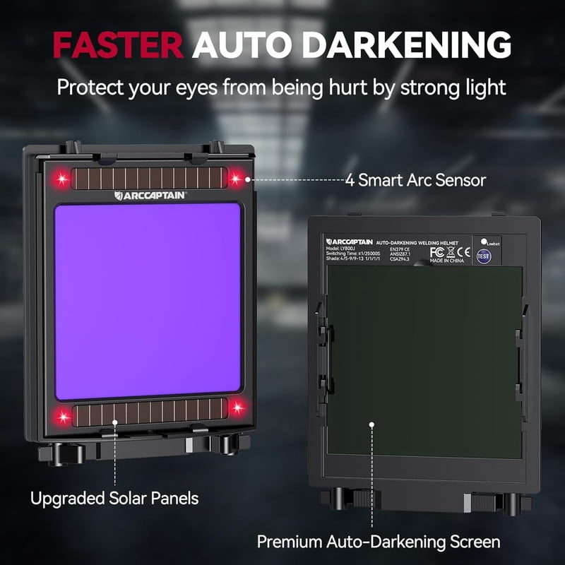 ARCCAPTAIN Auto Darkening Welding Helmet - 180° Panoramic View | 1/1/1/1 True Color Large Lens | 4 Arc Sensors & Solar Power | Shade 4-13 | For TIG, MIG, Arc, Cutting