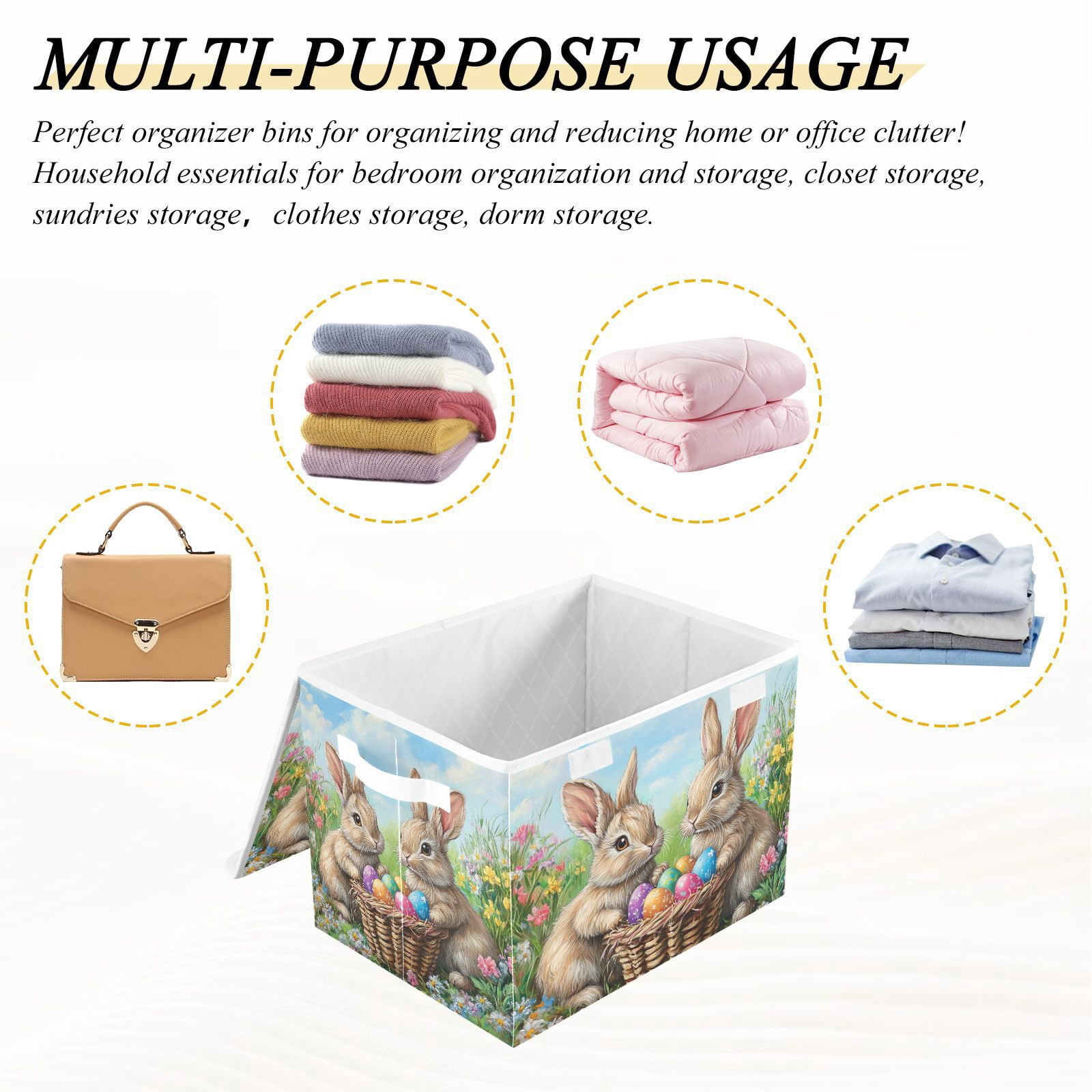 Easter Eggs and Rabbits Storage Basket for Shelves Foldable Container Organizer for Organizing Toys Clothes Books with Handles