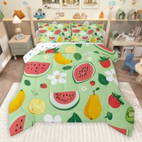 Manfei Teens Fruit Strawberry Bedding Comforter Set, Pear Watermelon Cartoon Twin Comforter Sets, Cute Flower Plant Reversible Bedding Set, Microfiber Bedroom Decor, 2pcs