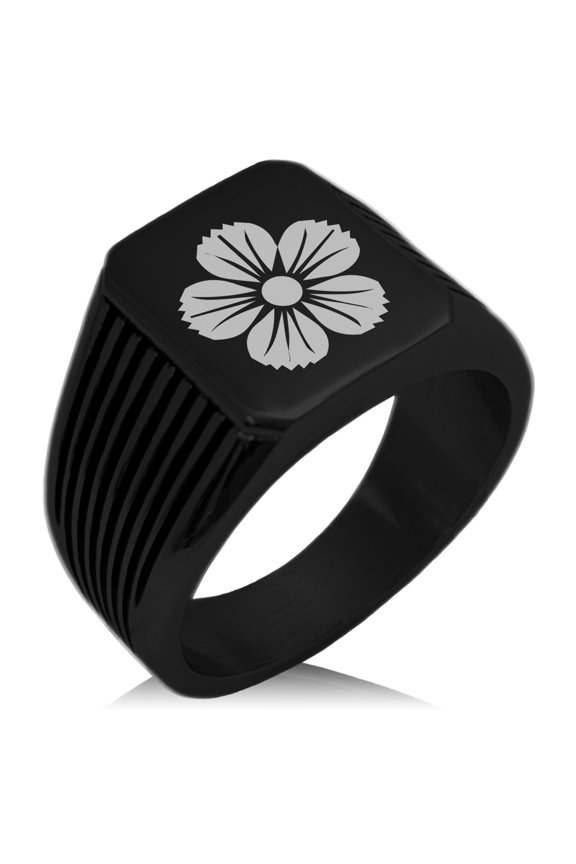 Stainless Steel Saito I Samurai Crest Needle Stripe Pattern Biker Style Polished Ring