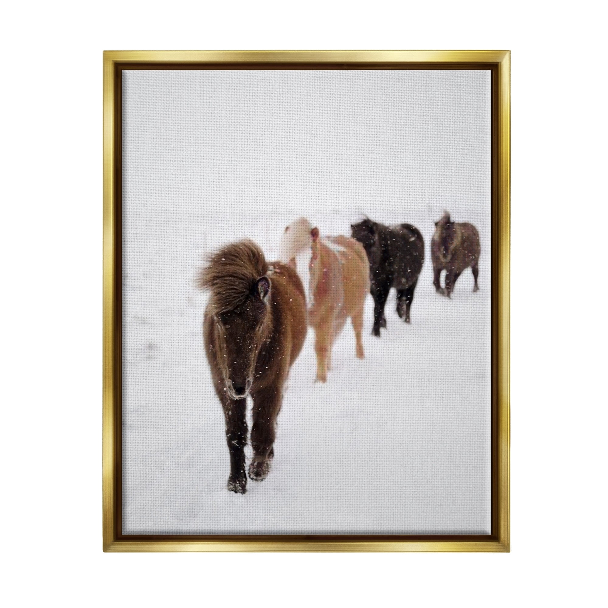 Stupell Industries Winter Horses Walking White Field Snowy Weather Metallic Gold Framed Floating Canvas Wall Art, 16x20, by Amy Brinkman