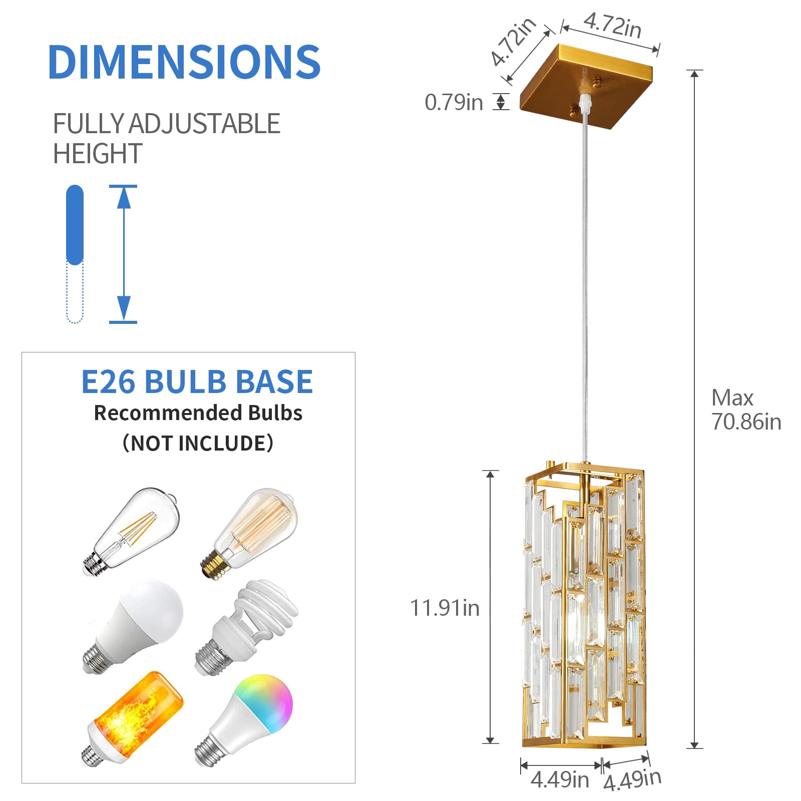 ZHLWIN Gold Pendant Lighting Modern Pendant Light, Mini Crystal Chandeliers,Adjustable Pendant Light Fixture for Kitchen Island Dinning Room Bedroom, 2 Pack