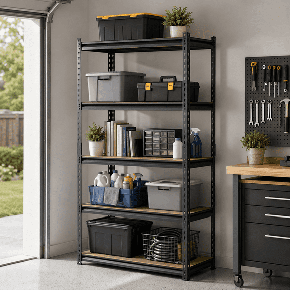 CHEMPFR Garage Storage Shelving Unit, 5-Tier Adjustable Boltless Metal Rack with MDF Boards, 2000 lbs Capacity, Black