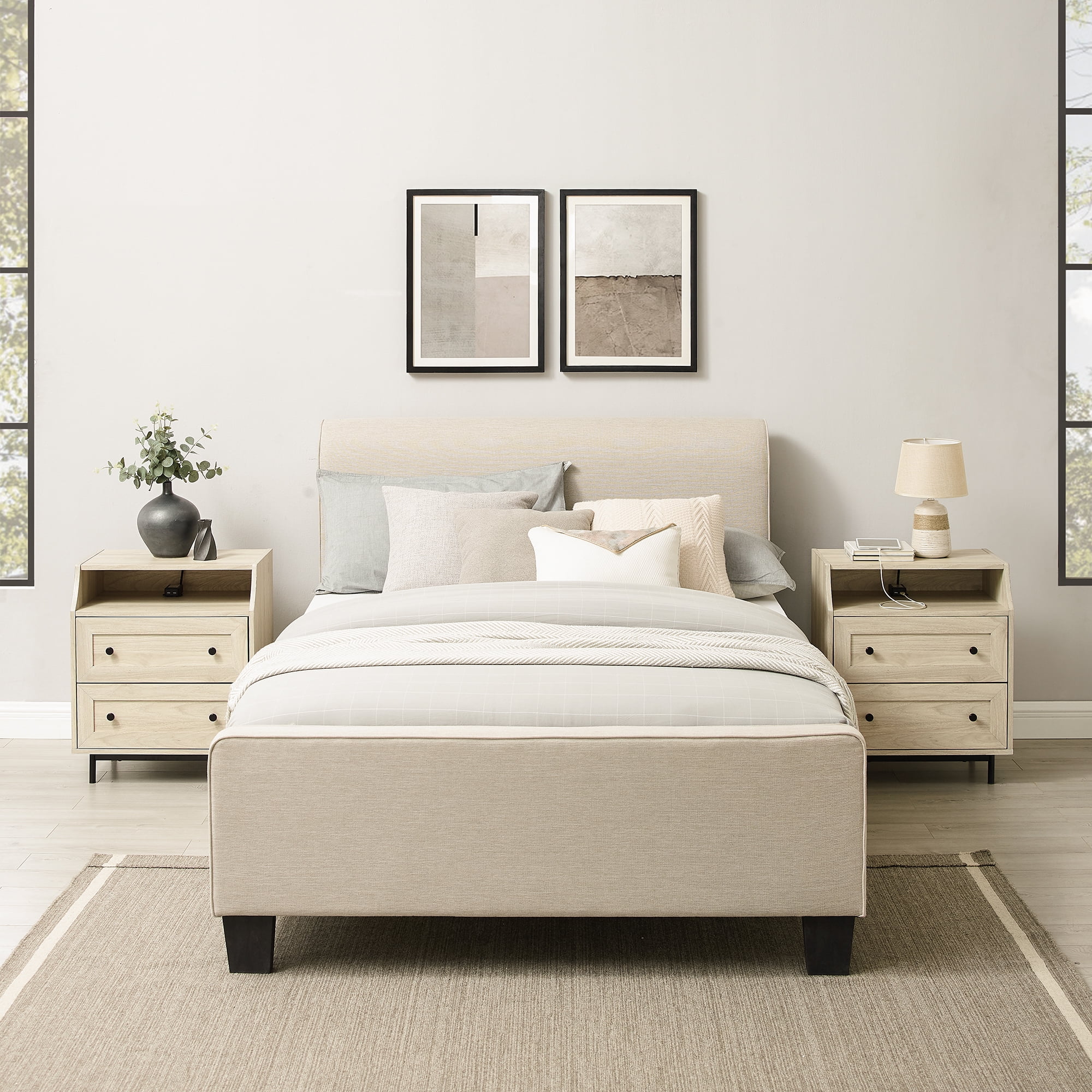 Walker Edison Modern 2 Drawer USB Port Nightstand, Set of 2, Birch