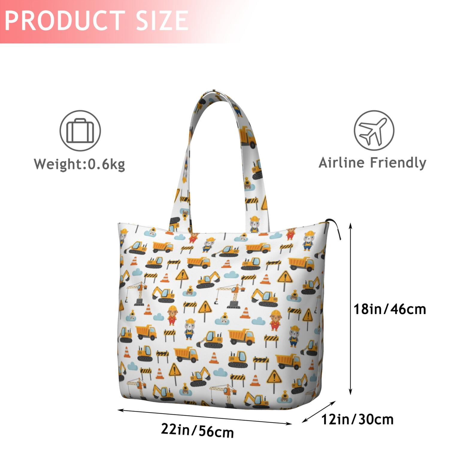 Cartoon Construction Vehicles Animals Travel Tote Bags for Women Carry On,Large Weekender Bags for Women Travel,Multi Functional Duffle Bag for Work,Shopping,Sports