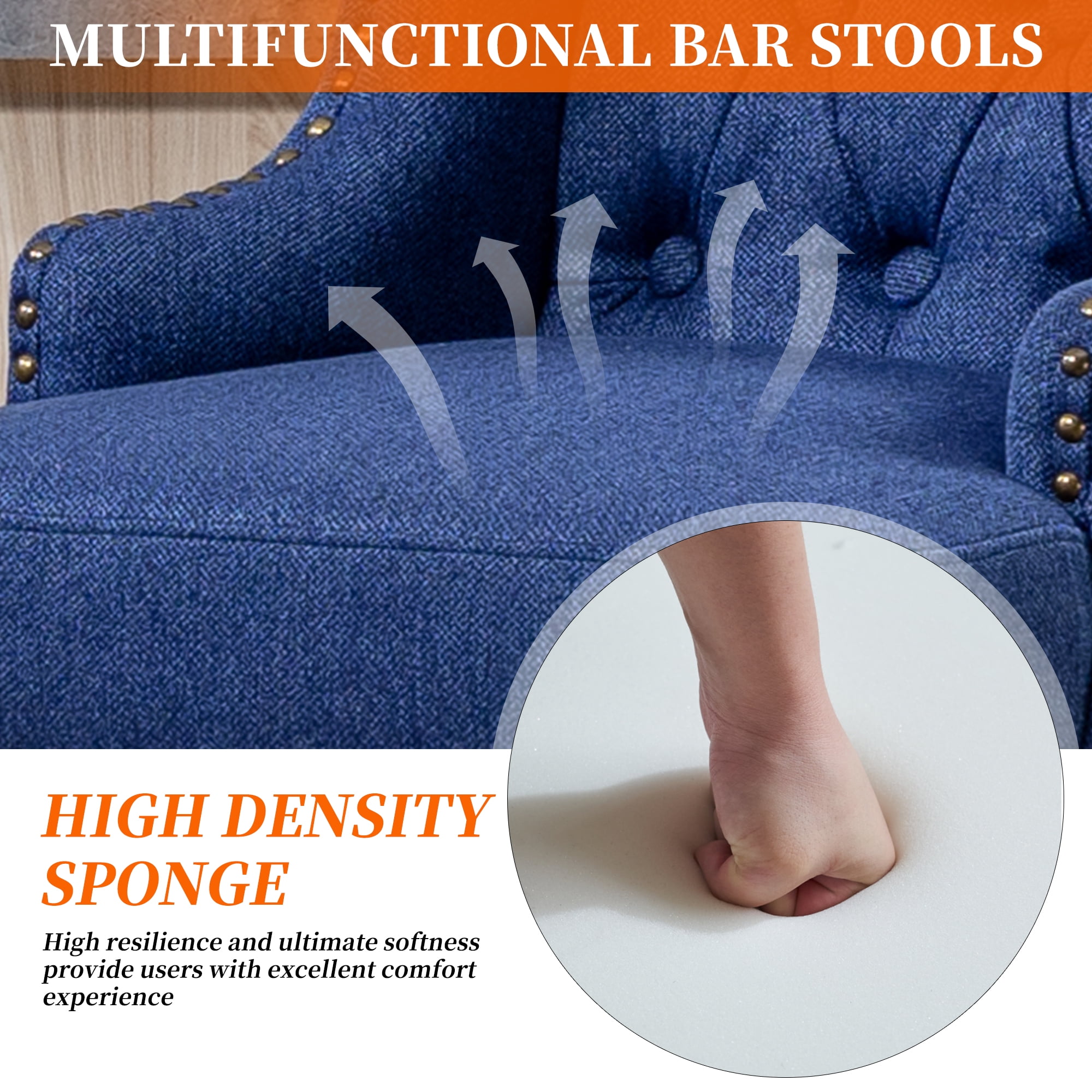 MOONMISS Linen Upholstered Tufted Wood Frame 360°Swivel Nailhead Bar Stools(set of 2)-Navy Blue