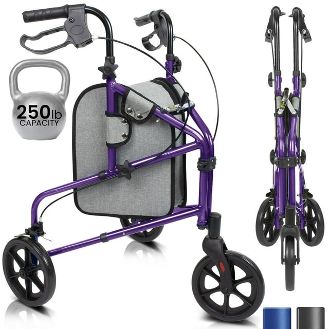 Andador de 3 ruedas Vive Mobility - Andador de tres ruedas para personas mayores - Ligero, plegable, estrecho y resistente - Para hombres y mujeres mayores - Triciclo plegable de 3 ruedas con bolsa ti