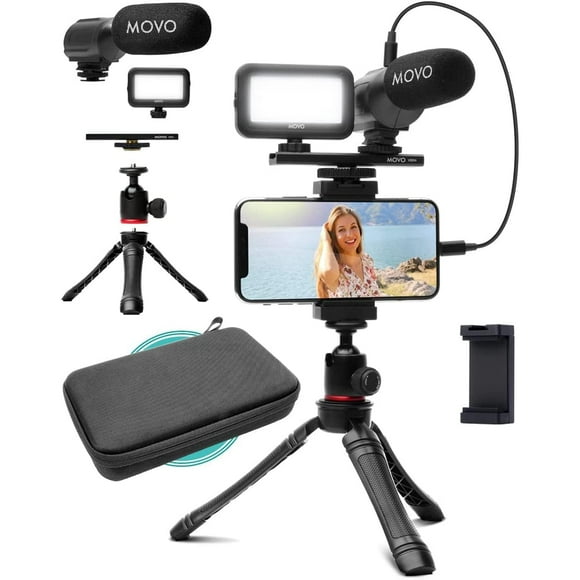 Movo iVlogger Kit de Vlogging pour iPhone - Kit de Démarrage YouTube Compatible Lightning pour Créateurs de Contenu - Accessoires : Trépied de Téléphone, Support de Téléphone, Lumière LED et Microphone Shotgun
