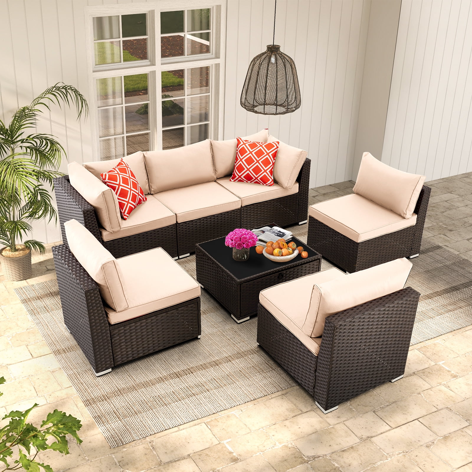 Homrest 7 Pieces Outdoor Sectional Sofa, Wicker Conversation Sets, Steel Frame, Khaki