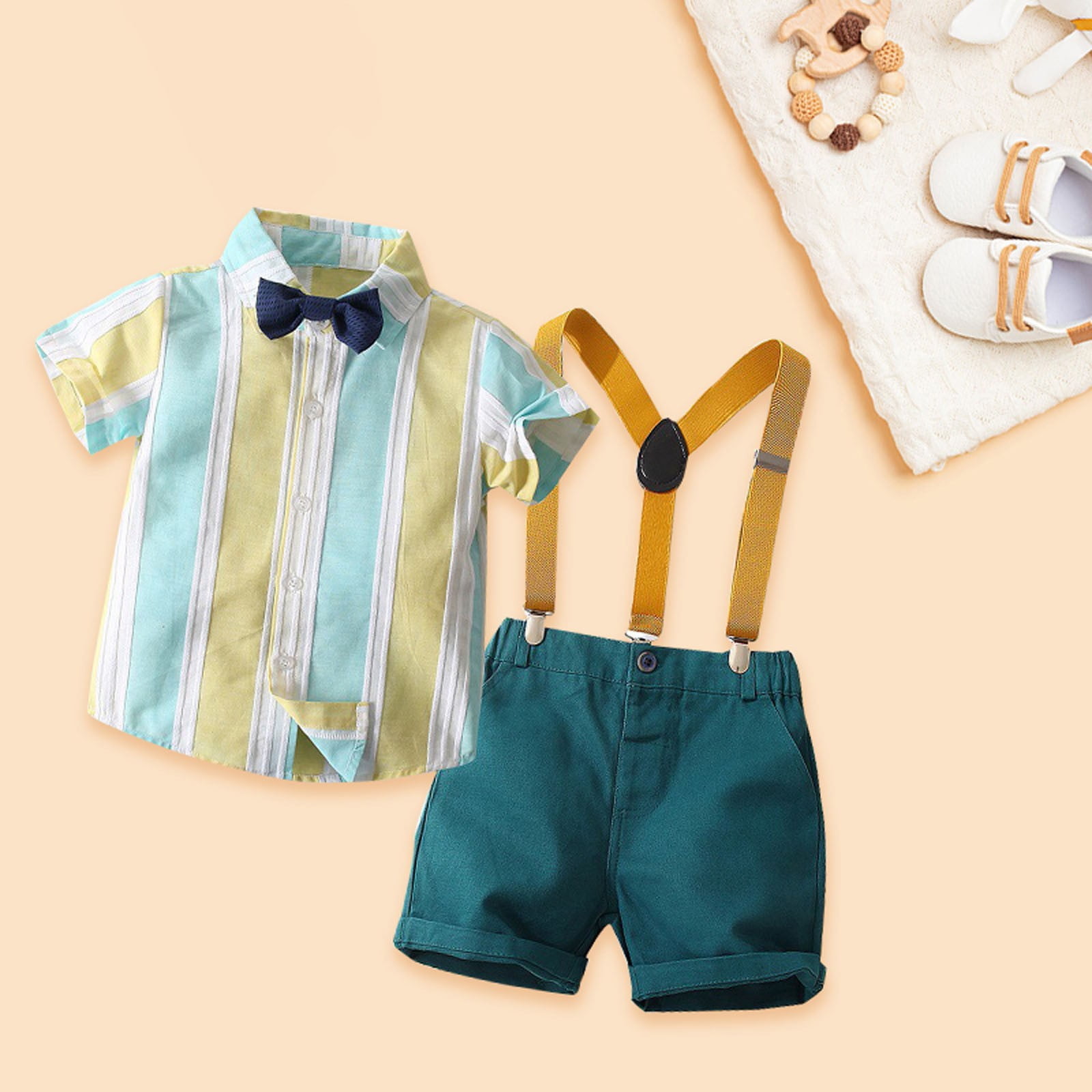 Ketyyh-chn99 Toddler Boys Summer Blazer Set Toddler Boy Clothes Formal Suit Wedding 2 Piece Outfit Boys Dress Shirt with Bowtie Overall Suspender Pants Kids Gentleman Sets Size for 2-3 Years,Blue