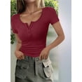 thumbnail image 6 of Women'S Spring Summer Short Sleeve Tops Ribbed Knit Henley Button Up Slim Fit Basic Casual T Shirts Blouse Wine Red XL, 6 of 9