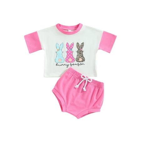

2PCS Newborn Baby Girls Easter Clothes Sets Rabbit Print Short Sleeve Patchwork T-shirts+Shorts Casual Summer Outfits