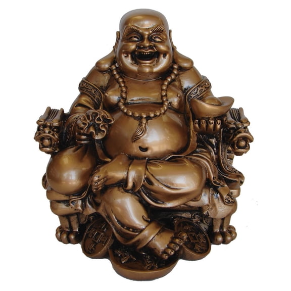 Happy Golden Chinese Buddha Statue on Dragon Chair