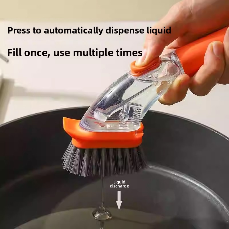 Pot brush, comfortable and long handle, does not dirty hands, does not hurt the pot, comes with a space for storing detergent, and automatically discharges liquid when pressed.