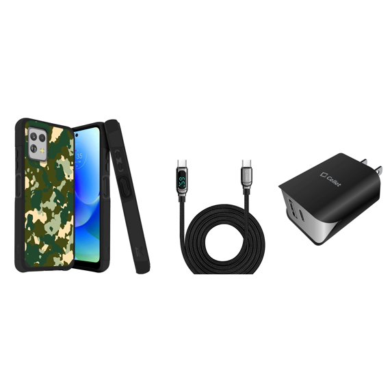 BD Combo Bundle Case for Moto G Power 5G 2023 Case - (Green Camo) Dual Shockproof Protector Armor Case with UL Certified Dual Wall Charger, Digital Display USB-C to USB-C Cable
