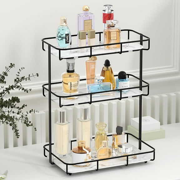 Bathroom Organizer Countertop Perfume Organizer Makeup Organizer Cosmetics Storage Display Rack 3 Tier Vanity Tray Dresser Stainless Steel Black Shelf White Marble Ceramic Tray (Black)