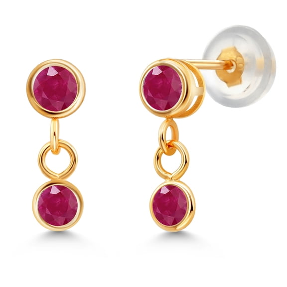 Gem Stone King 14K Yellow Gold Red Ruby Dangling Earrings for Women (0.62 Cttw, Gemstone July Birthstone, Round 3MM)