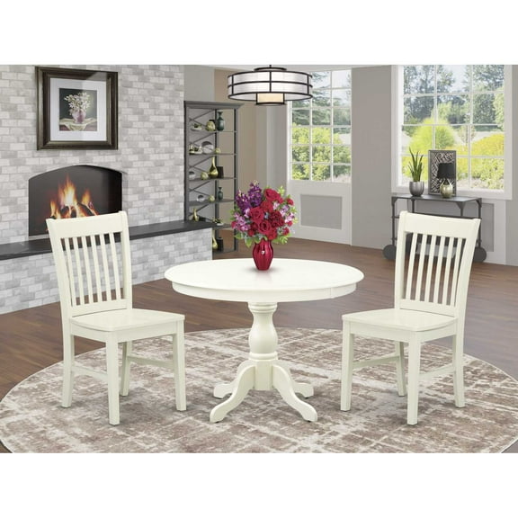 East West Furniture HBNF3-LWH-W 3 Piece Dining Room Table Set - Linen White Dining Room Table and 2 Linen White Dining Room Chairs with Slatted Back - Linen White Finish