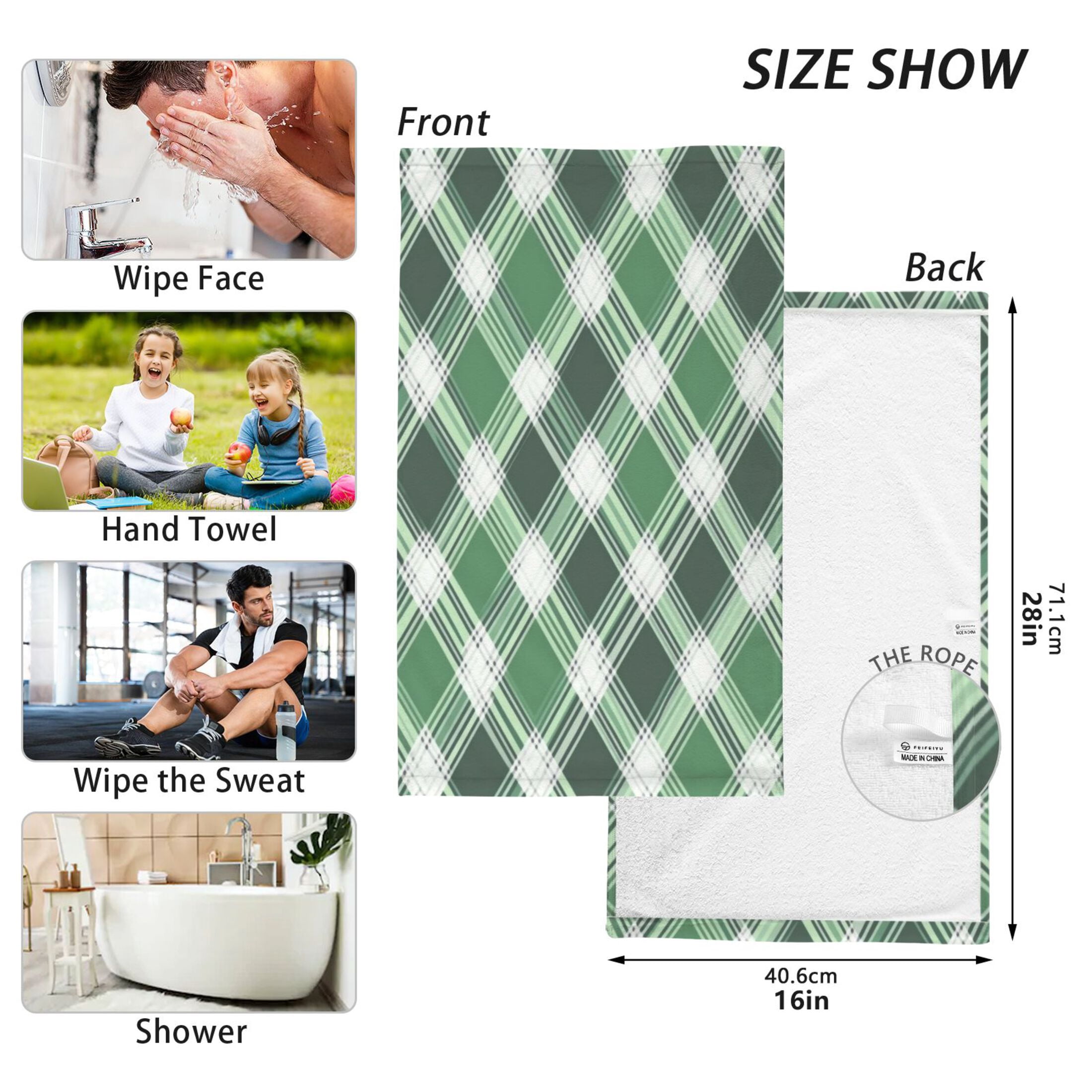 2 Pcs Absorbent Face Towel Bath Hand Towels Soft Breathable Cotton Towel Set for Bathroom Kitchen Hotel Spa Decor Green Plaid