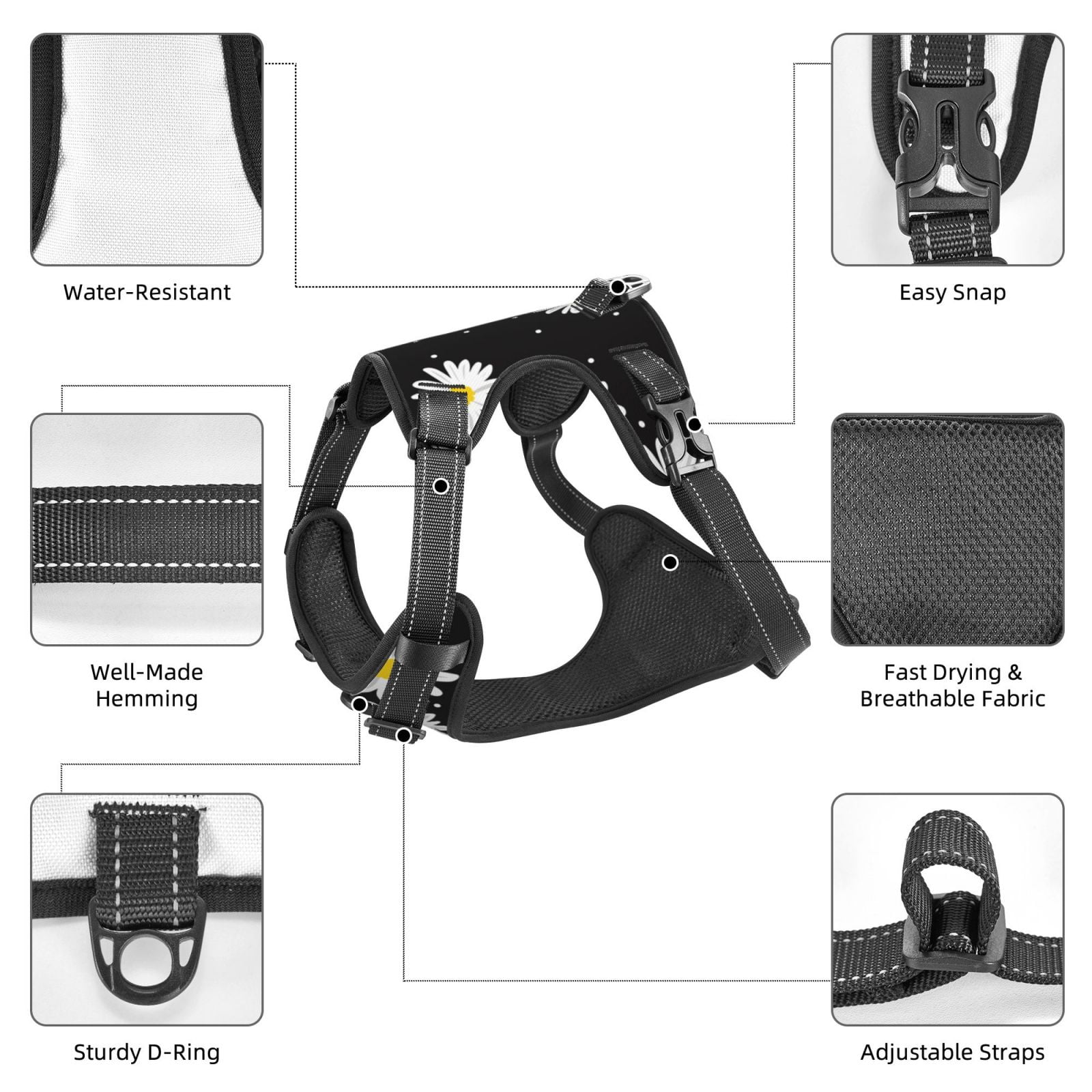 Kdxio Daisies Flowers Print No Pull Dog Harness Adjustable Reflective Oxford Easy Control Medium Large Dog Harness for Training and Everyday-Medium