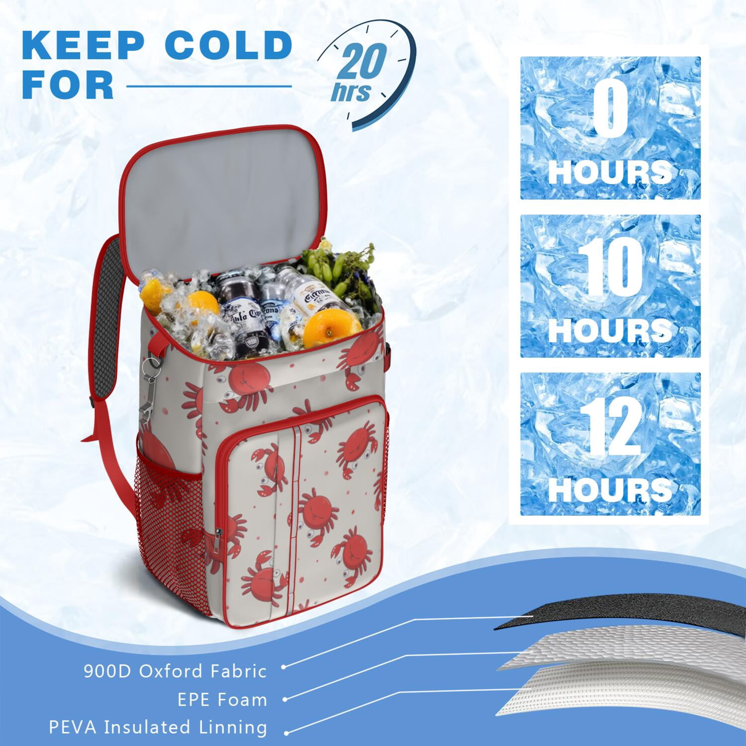 Marine Adorable Crab Cooler Backpack Insulated Waterproof Leak Proof Beach Cooler Bag Lightweight Lunch Picnic Camping Backpack Cooler for Men Women
