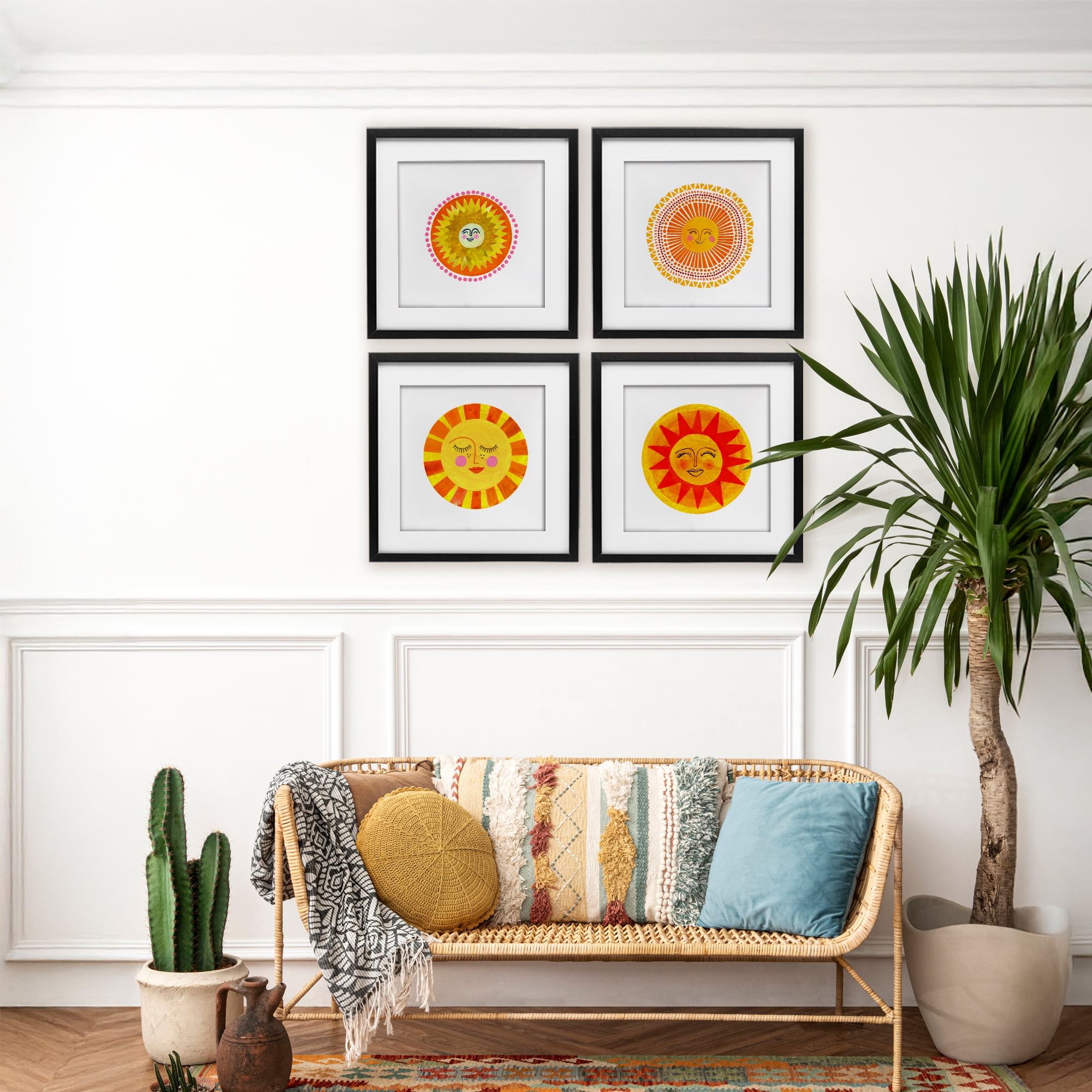 Stupell Industries Whimsical Smiling Suns 4 Piece Black Framed Print Under Glass Set, design by Katherine Herrell Studio