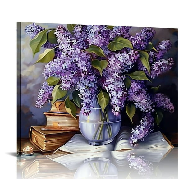 ONETECH  Flowers Botanical Paintings Wall Art - Still Life Depicting Aesthetic Poster - Purple Lavender - Ready to Hang - for Living Room Decor Flower Shop Decor Gifts  20x16in