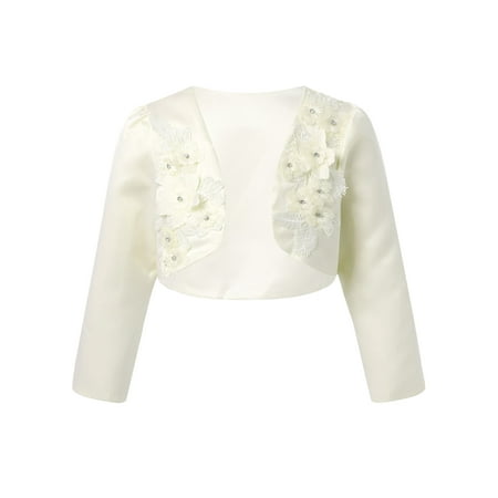 LiiYii Kids Girls Long Sleeve 3D Flower Bolero Shrug Cropped Cardigan Jacket for Wedding Birthday Party Dress Champagne 12