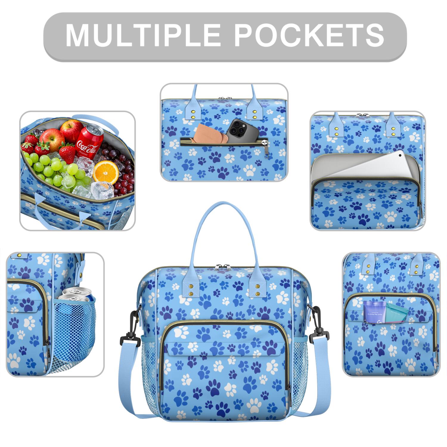 Cute Dog Paw Print Lunch Box, Large Insulated Lunch Tote with Puppy and Bone Patterns, Leakproof Cooler for Work, School or Outdoor Use