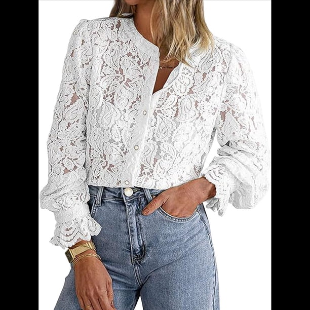 Blusa Informal Elegante de Encaje para Mujer, Camisa de Larga con Botones, Ropa de Moda para y Otoño XL