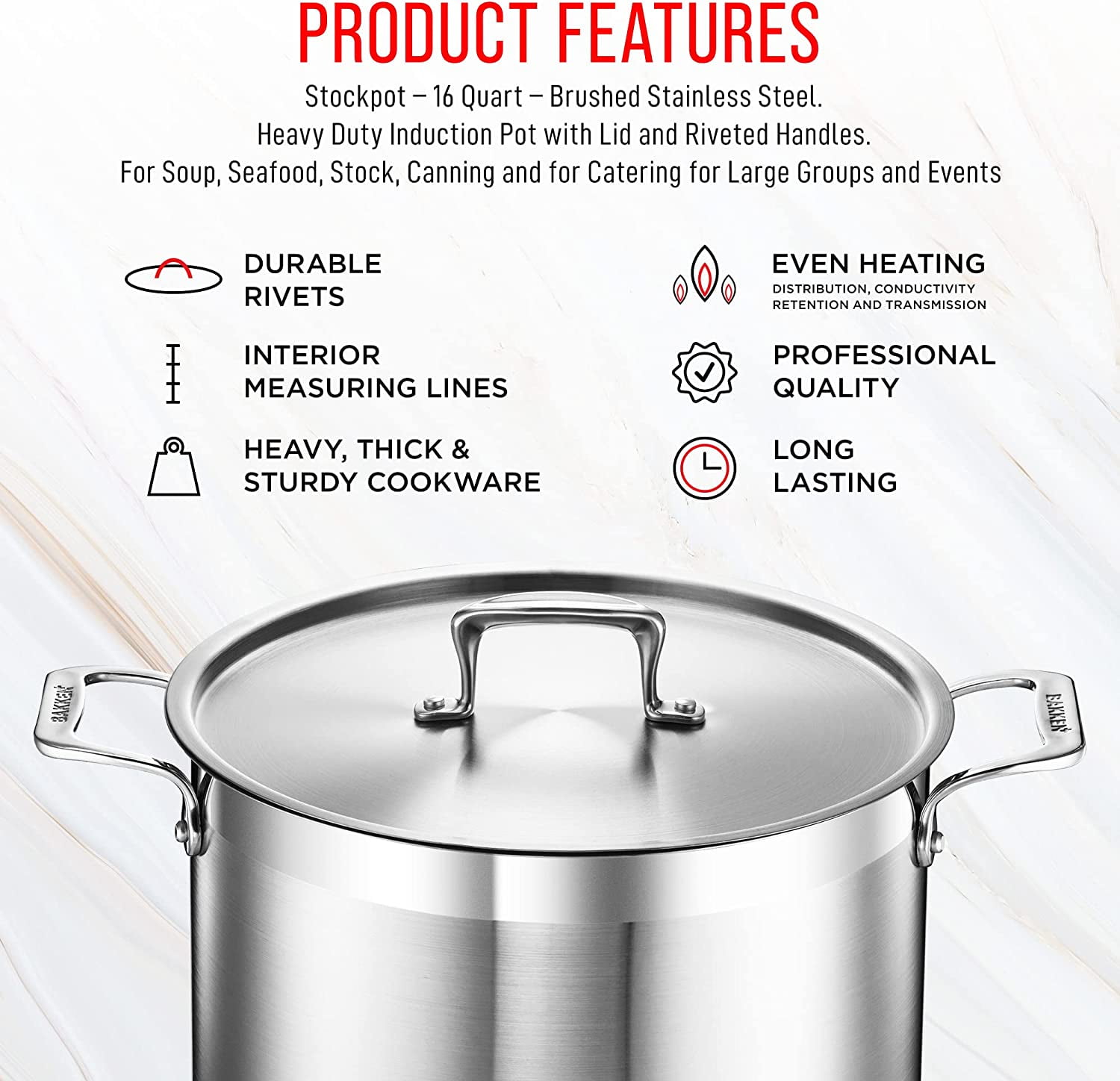 Stockpot – 16 Quart – Brushed Stainless Steel – Heavy Duty Induction Pot with Lid and Riveted Handles – For Soup, Seafood, Stock, Canning and for Catering for Large Groups and Events by BAKKEN