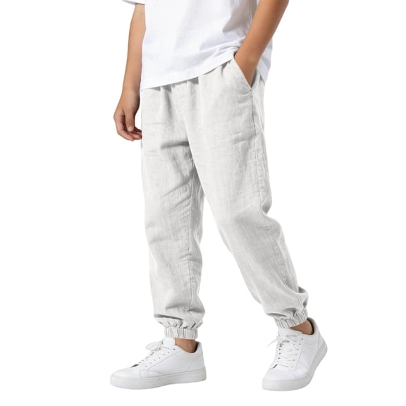 FINALGANG Boys Kids Solid Color High Waisted Jogger Pants Elastic Waistband Side Pockets Lightweight Casual Streetwear Trousers For Daily Wear White 5-6 Years