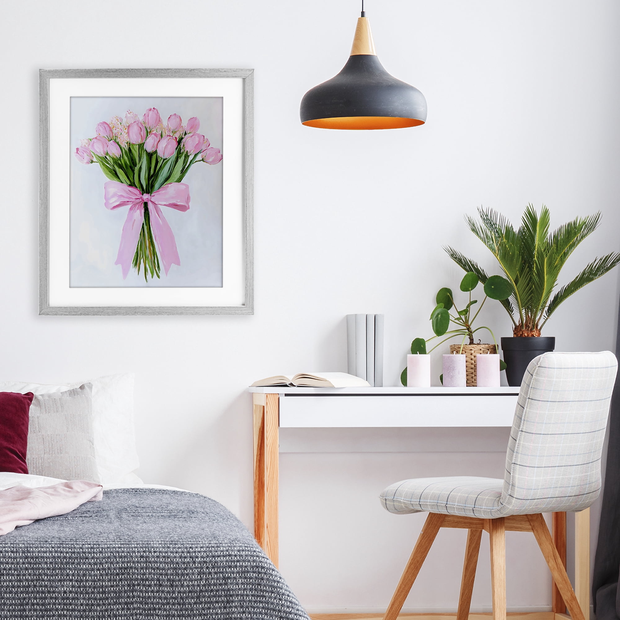 Stupell Industries Soft Pink Tulips with Ribbon Gray Framed Print Under Glass, design by The Prints Vibe