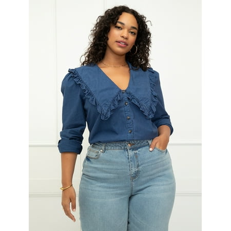 ELOQUII Elements Women's Plus Size Chambray Shirt with Oversized Collar