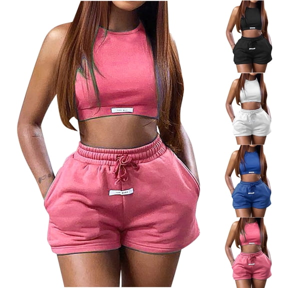 WEIee Gym Outfits for Women Set Workout Outfit Crew Neck Sleeveless Solid Color Top Elastic High Waist Shorts Tracksuit Suit Casual Fitness Athletic Sportswear Black L