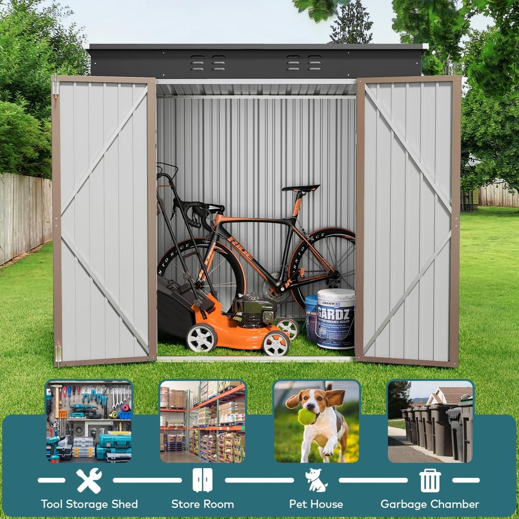 6' x 4' Outdoor Storage Shed with Lockable Doors, Aiho Metal Garden Shed, Sheds & Outdoor Storage for Backyard, Garden & Patio Organization - Light Brown