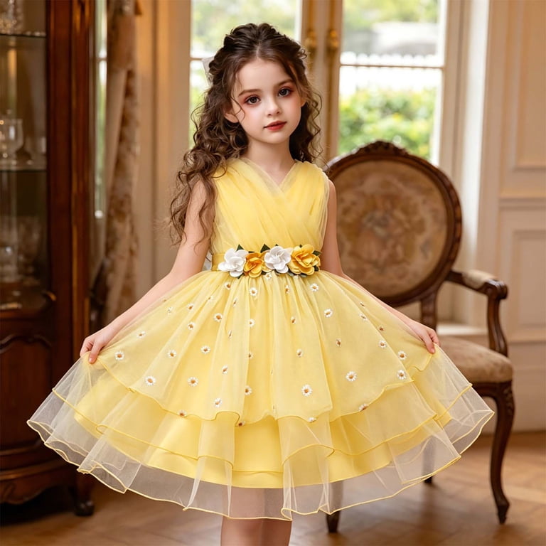 girls party dress size 7 Bainana Girls Floral Tulle Dresses Sleeveless V Neck Party Dress Kids  Elegant Performance Dress Size 6-7 Years Yellow