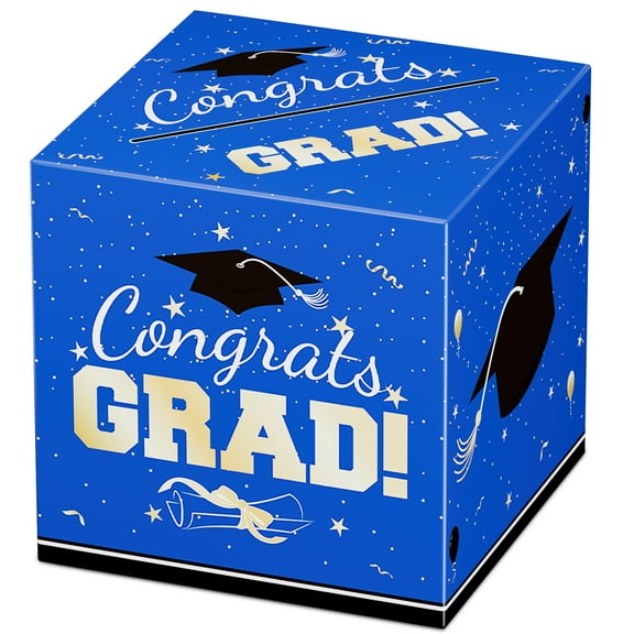 Graduation Card Box Holder, Congrats Grad Foldable Cardboard Decorations Box for Graduation Party Decoration and Grad Parties (Blue)