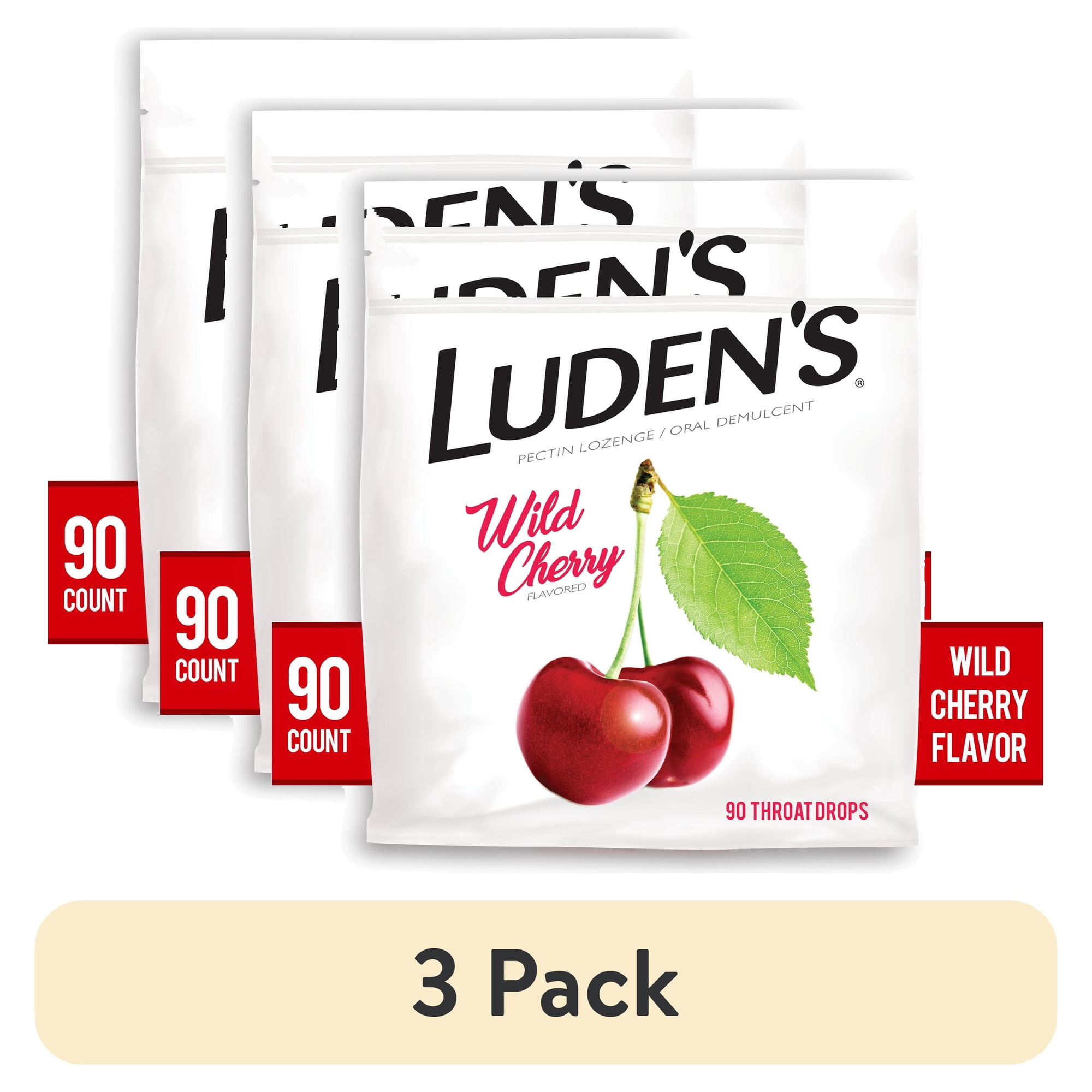 (3 pack) Luden's Sore Throat Drops, For Minor Sore Throat Relief, Wild Cherry, 90 Count